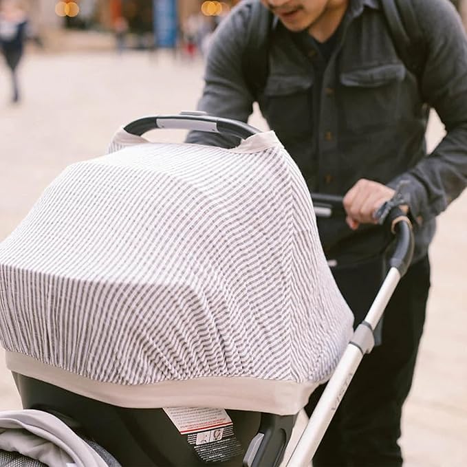 Little Unicorn Breathable Car Seat Canopy | Magnetic Closure Cover & Universal Fit | Protection & Privacy for Baby (Grey Stripe)