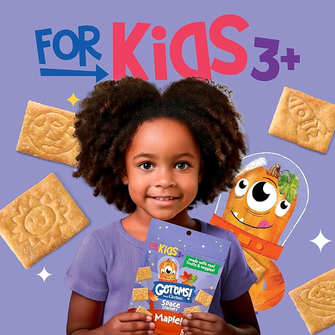 Get'ems! from Gerber, Snacks for Kids, Maple Space Crackers Snacks for Kids, Made with Real Veggies & Fruits, Iron & Vitamin E - 4 pack