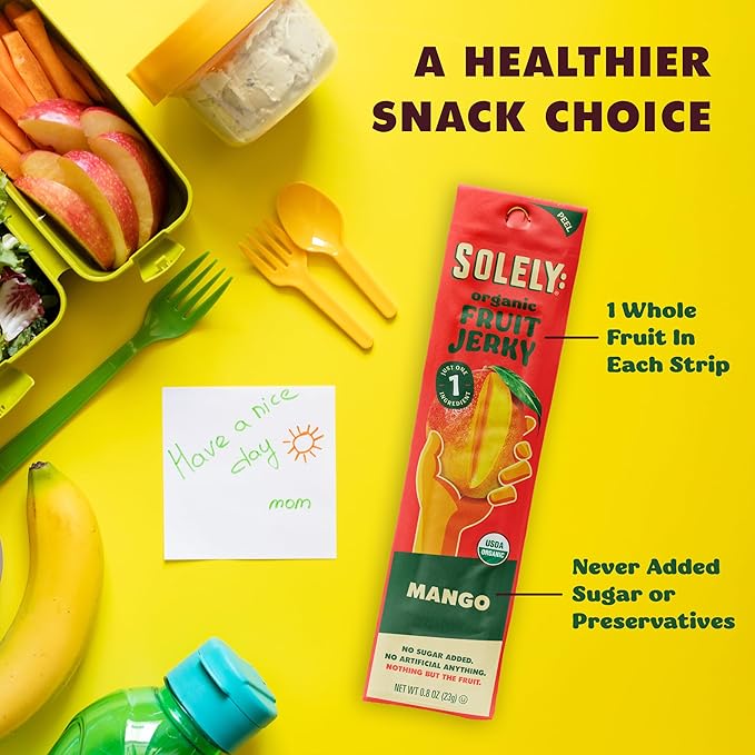 SOLELY - Organic Mango Raspberry Fruit Jerky - 12 Individually Wrapped Fruit Strips - Fruit Leather - Healthy Snacks for Adults & Kids - Non GMO, Vegan Snacks - 0.8oz (23g)