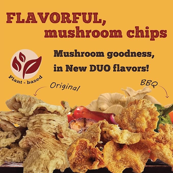 BITETUOSO Tempura Oyster Mushroom Chips Duo Pack – BBQ & Original Flavors – 1.41 oz Bags (Pack of 6) – Crunchy Vegan Snack, Plant-Based, Dairy-Free, On-the-Go Savory Gourmet Chips