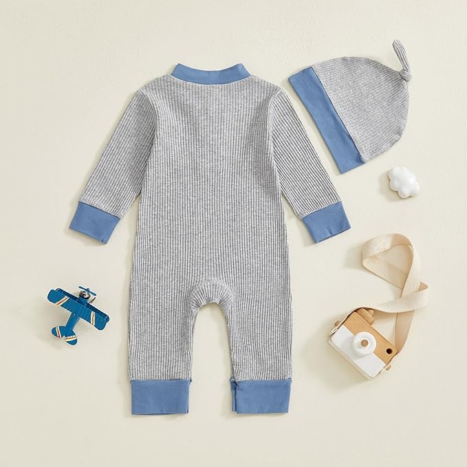 fhutpw Newborn Baby Boy Clothes Ribbed Knit Bodysuit 3 6 Months Infant Fall Long Sleeve Splicing Color Romper Jumpsuit & Hat