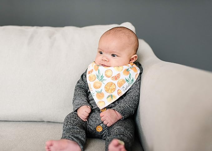 Copper Pearl 4 Pack Soft Cotton Baby Bibs for Drooling and Teething, Absorbent Drool Bibs for Baby Girl and Boy, Adjustable to Fit Newborns to Toddlers, Tons of Styles (Citrus)