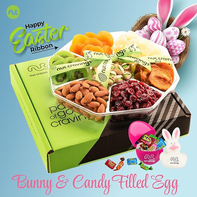 NUT CRAVINGS Gourmet Collection - Easter Treats, Candies & Dried Fruit Nuts Gift Basket with Happy Easter Ribbon, Candy Filled Egg + Bunny (7 Piece Assortment)