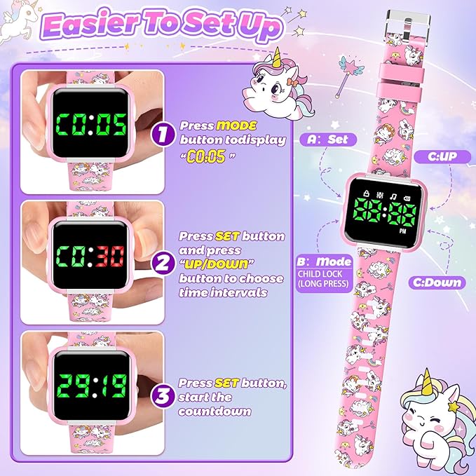 Potty Training Watch and Board Book for Toddler Girls: Adjustable Volume Potty Watches for Kids Water Resistant Toilet Timer Alarm Unicorn Toddler Watch Gifts for 1 2 3 4 5 Year Old Girl (Pink)