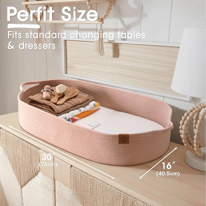 J&JOO Baby Changing Basket includes Diaper Caddy - Breathable & Waterproof Dual-Cover, Portable, Changing Pad for Dresser & Changing Table, Gift for Baby Shower (Coral Pink, Diaper Caddy Set)