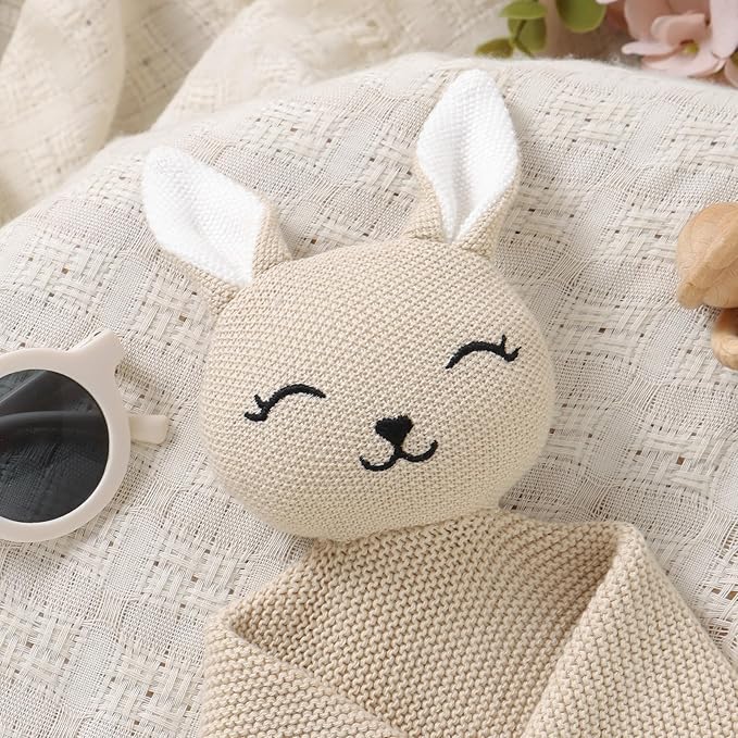 LAWKUL Bunny Lovey Baby Blanket Soft Cuddly Security Blanket Knit Snuggle Comfort for Newborns Toddler Boy Girl Camel 16x16in