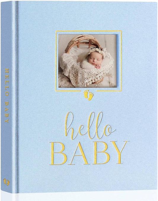 Lanpn Newborn Baby Memory Book, Baby First 5 Year Keepsake Gift with DIY Window, Linen Baby Memories Journal Scrapbook Photo Book, Baby Milestone Album for Boy Girl New Parents (Blue, 154 Pages)