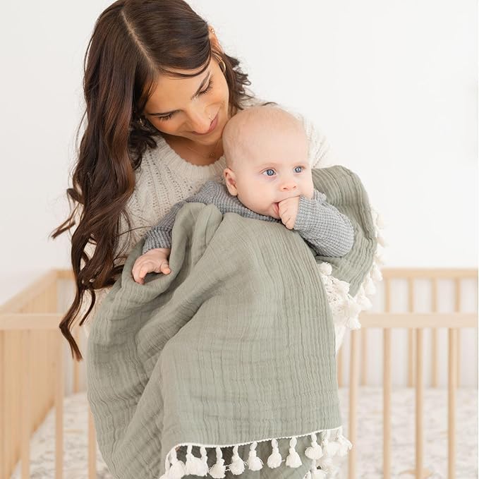 Crane Baby Green Muslin Baby Blanket, 6-Layer Cotton Baby Swaddle, Soft Cotton Lightweight Nursery and Stroller Blanket for Baby Boys & Girls, Fern Green, 30" x 40"