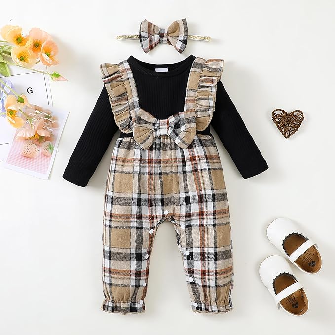 Newborn Infant Baby Girl Clothes Fall Winter Plaid Long Sleeve Jumpsuit One Piece Romper Bodysuit Baby Overalls Outfits