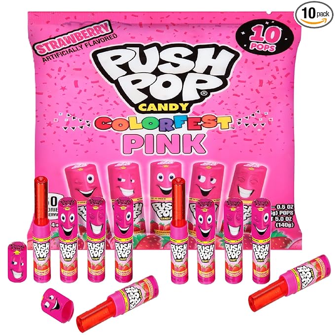 Push Pop Pink Candy Lollipops, 10 Ct Individually Wrapped in Pink Strawberry Flavor, Full Size, Fun Hard Candy Lollipops For Party Favors, Birthday Parties, Goodie Bags, Fun Gifts