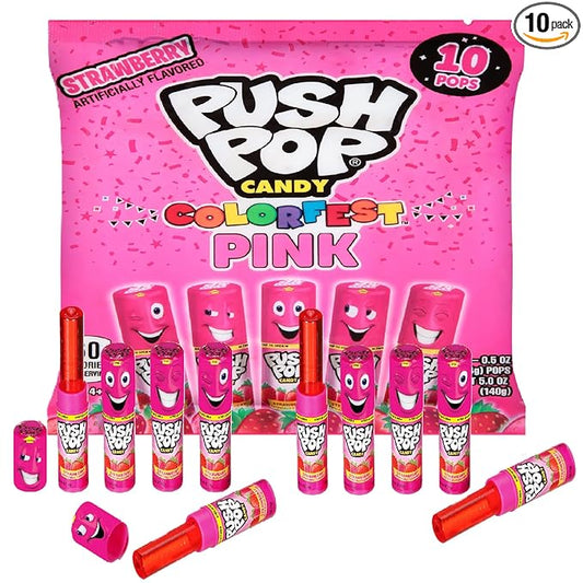 Push Pop Pink Candy Lollipops, 10 Ct Individually Wrapped in Pink Strawberry Flavor, Full Size, Fun Hard Candy Lollipops For Party Favors, Birthday Parties, Goodie Bags, Fun Gifts
