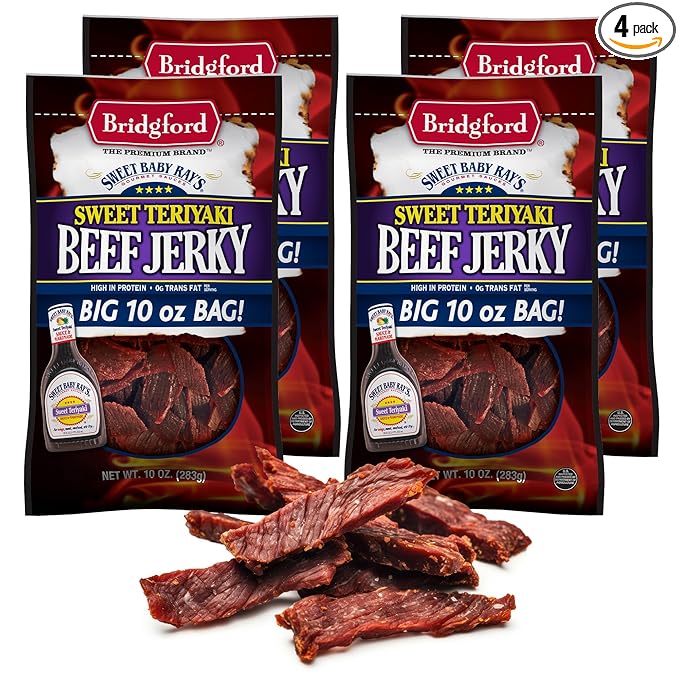 Bridgford Sweet Baby Ray’s Beef Jerky Sweet Teriyaki 10 oz Pack of 4 - High Protein Beef Jerky for Low Carb and High Protein Diets - Ready-to-Eat Snacks for On the Go Snacking and Busy Lifestyles
