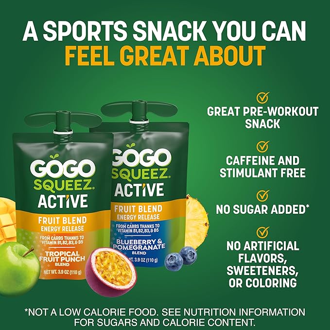 GoGo squeeZ Active Fruit Blend Energy Release | 18-Count Variety Pack | Tropical Fruit Punch and Blueberry & Pomegranate | Made with Real Fruit and B Vitamins