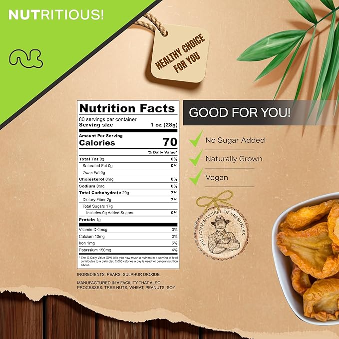 NUT CRAVINGS - Sun Dried California Pears, No Sugar Added (80oz, 5 LB, Bulk) Bulk Dry Fruits Packed Fresh in Resealable Bag - Sweet Healthy Snack, Naturally Grown, Vegan, Kosher