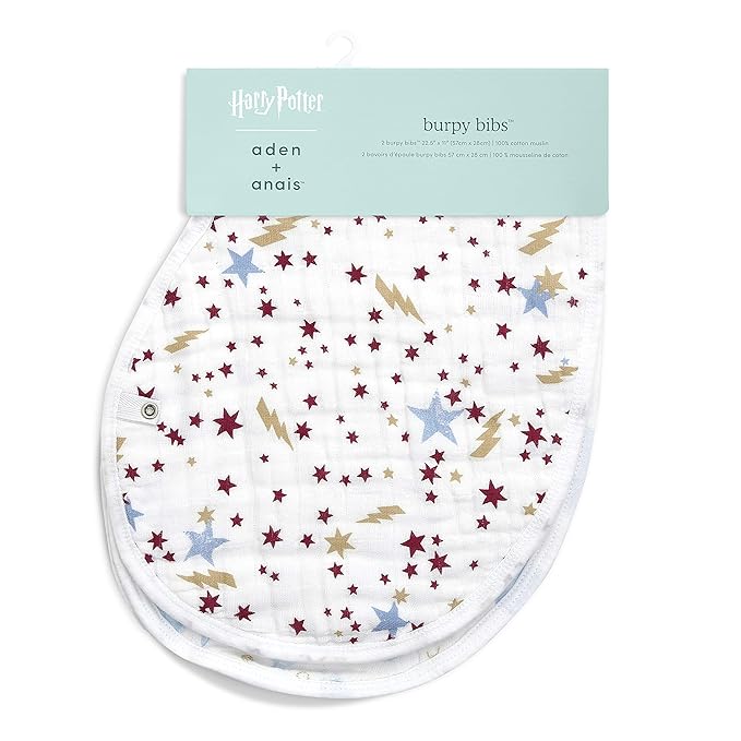 aden + anais 100% Cotton Muslin Burpy Bib – Multi-Use, Absorbent 4-Layer Burp Cloth and Full-Coverage Snap-Closure Baby Bib in One, Lap-Shoulder Drool Cloth, 22.5” X 11”, 2-Pack, Harry Potter