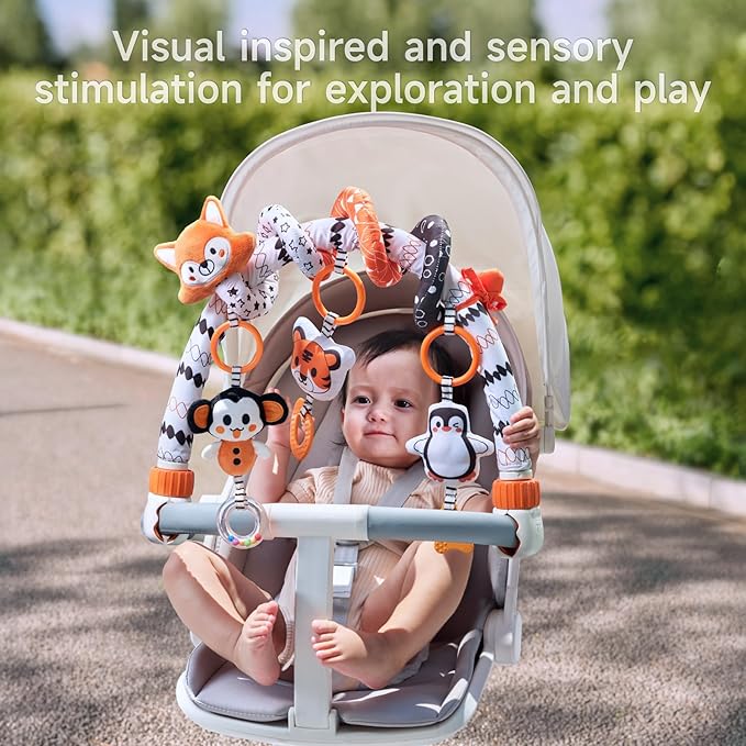 TUMAMA Black and White Baby Stroller Arch Toys, Removable Spiral Hanging Rattle Toys, High Contrast Car Seat and Stroller Toys for Baby 0 3 6 9 12 Months