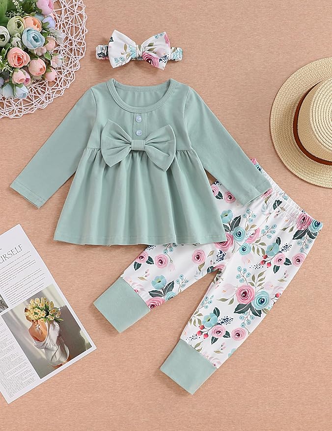 oklady Toddler Baby Girl Clothes Solid Color Ruffle Tops Floral Pants with Headband Fall Winter Cute Girl Outfits