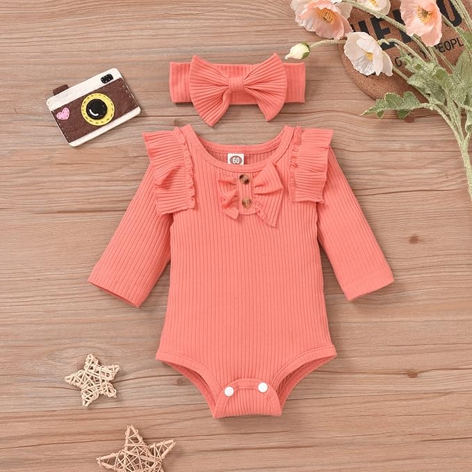 Aalizzwell Preemie Newborn Infant Baby Girls Clothes Ribbed Bodysuit Pants Set Fall Winter Outfits