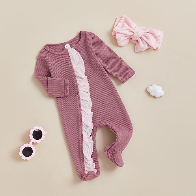 Newborn Girl Clothes Baby Girl Coming Home Outfit Zipper One-piece Outfits Ruffle Footie Bodysuit Jumpsuit Headband