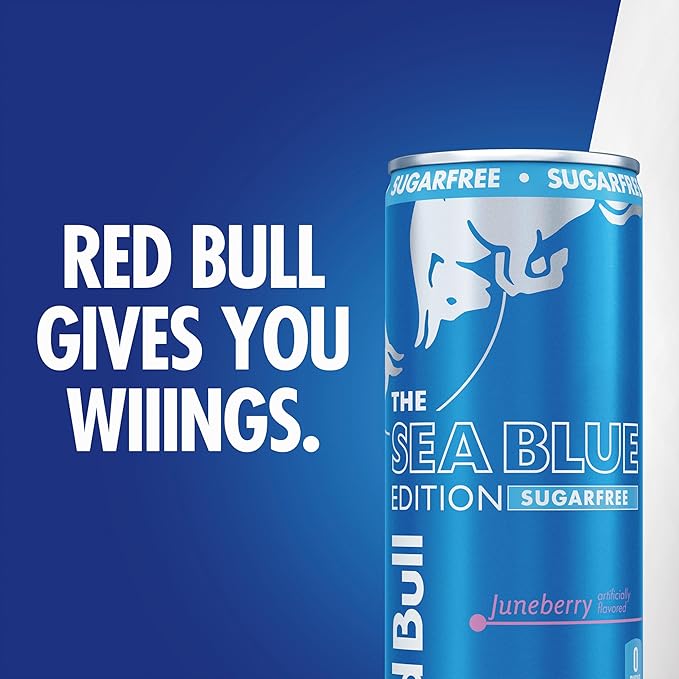 Red Bull Sea Blue Edition Sugar Free Energy Drink, Juneberry, 8.4 fl. oz., Case of 24 cans, with 80mg Caffeine, Taurine & B Vitamins