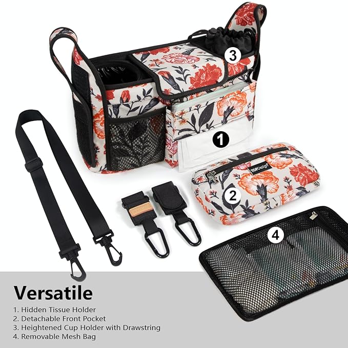TOPDesign Universal Baby Stroller Organizer, Stroller Caddy with Detachable Mesh Bag & Heightened Insulated Cup Holders & Non-Slip Secure Hooks Accessories, Fits Most Strollers (Trumpet Vine)