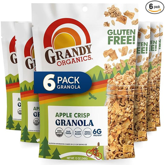 Grandy Organics Apple Crisp Granola, Certified Organic, Gluten Free, Non-GMO, Kosher, Plant Based Protein Granola, 12oz Each, Pack of 6