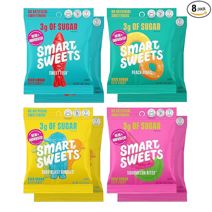 SmartSweets Variety Pack, 1.8oz (Pack of 8), Candy With Low Sugar & Calorie, Healthy Snacks For Kids & Adults - Sweet Fish, Sourmelon Bites, Peach Rings, Sour Blast Buddies