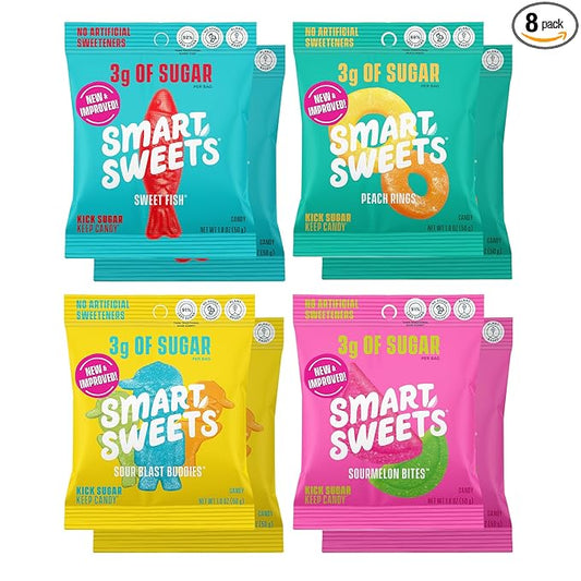SmartSweets Variety Pack, 1.8oz (Pack of 8), Candy With Low Sugar & Calorie, Healthy Snacks For Kids & Adults - Sweet Fish, Sourmelon Bites, Peach Rings, Sour Blast Buddies