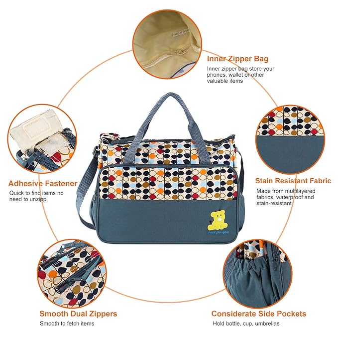 5PCS Diaper Bag Tote Set for Baby Essentials – Large Baby Bags for Mom, Waterproof Maternity Bags with Bottle Bag, Food Bag & Changing Pad (Gray)