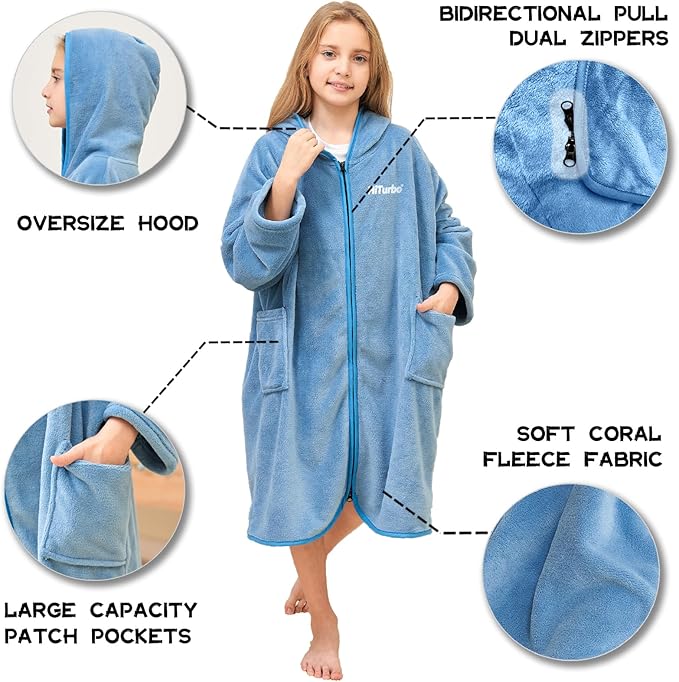 Hiturbo Kids Bath Towel Hoodie: Soft Plush Zipper Surf Poncho - Warm Fleece Changing Towels Swimming Outerwear (Blue)