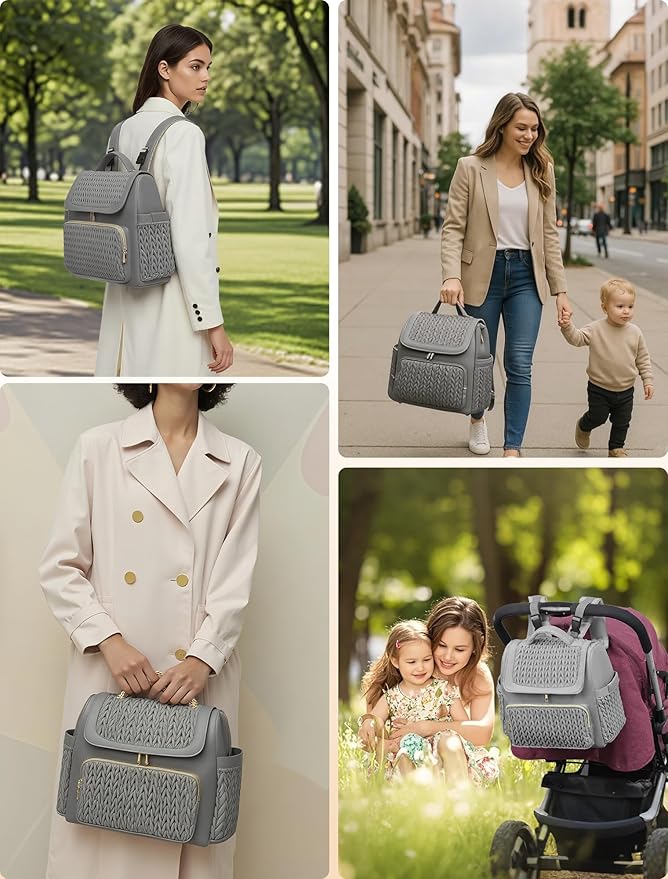 Diaper Bag Backpack, Baby Bag with Changing Pad, Travel Waterproof Diaper Bag Tote, Newborn Essentials Must Haves, Luxury baby shower gifts for boys & Girls, Grey