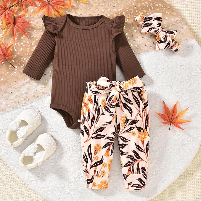 Aalizzwell Preemie Newborn Infant Baby Girls Clothes Ribbed Romper Bodysuit Pants Set Fall Winter Outfits