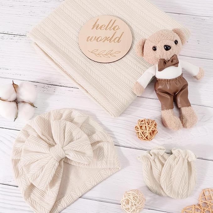 Newborn Receiving Blanket with Bow Hat Mittens Wooden Card Set Wheat-Pattern Newborns Toddler Baby Boy Girl Nursery Swaddle Wrap