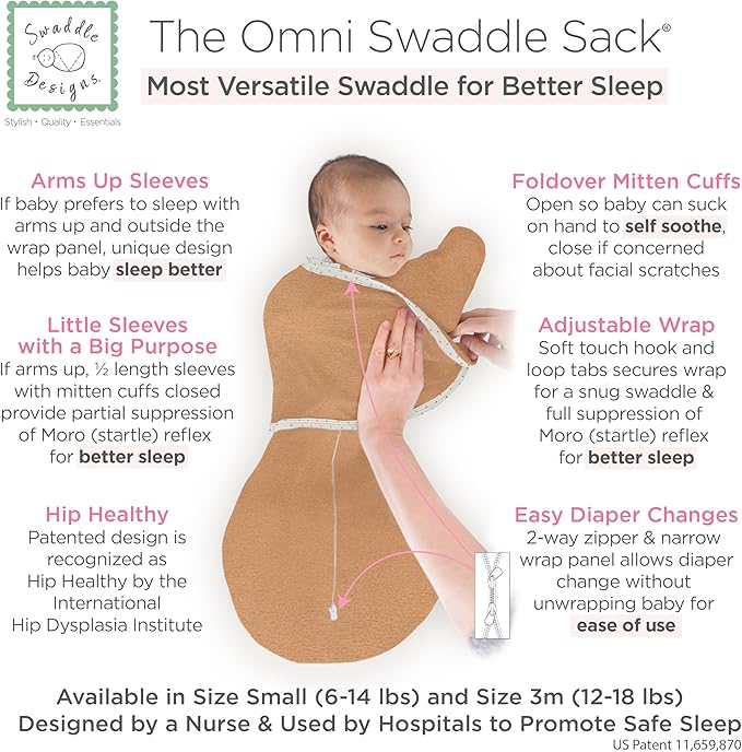 SwaddleDesigns 6-Way Omni Swaddle Sack Arms Up Swaddle for Newborn, More Options to Calm Startle Reflex, Improves Sleep