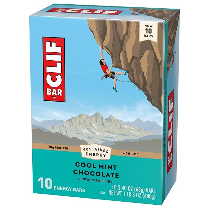 CLIF BAR - Cool Mint Chocolate with Caffeine - Made with Organic Oats - Energy Bars - Non-GMO - Plant Based Protein Bars (10 Pack)