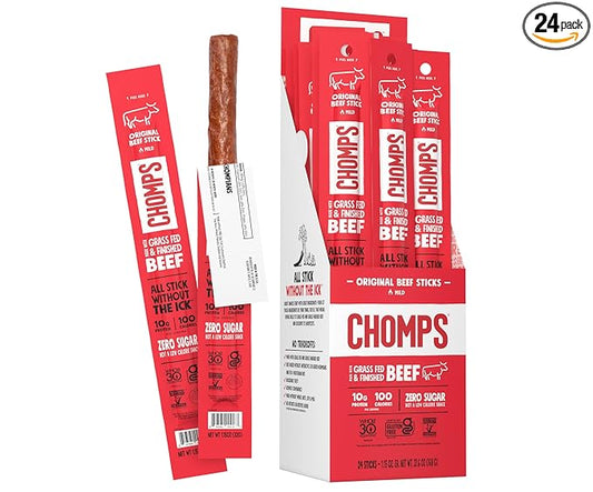 Chomps Grass-Fed and Finished Original Beef Jerky Snack Sticks 24-Pack, Keto, Paleo, Whole30, 10g Protein, Gluten-Free