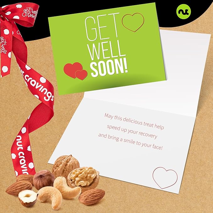 NUT CRAVINGS Gourmet Collection - Get Well Soon, Nuts Gift Basket with Get Well Soon Ribbon (7 Assortments) Food Platter, Healthy Snack Care Package, Food Assortments