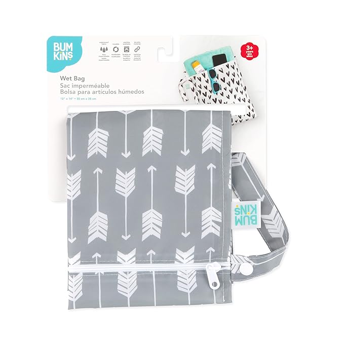 Bumkins Waterproof Wet Bag for Baby, Travel, Swim Suit, Cloth Diapers, Pump Parts, Pool, Beach, Gym Clothes, Toiletry, Hook to Stroller, Daycare, Zipper Reusable Wetdry Packing Pouch, Gray Arrows