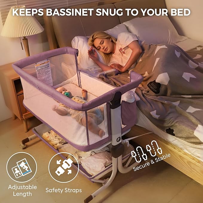 Baby Bassinet Bedside Sleeper, Upgraded Stability Bedside Crib with Full Mesh Sides, Soft Sheet, 6-Height Adjustment, Storage Basket, Easy Folding Portable Bassinet for Newborns,Pinkish Purple