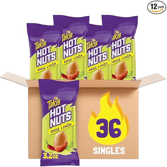 Takis Chile Limon Hot Nuts 3 ct, 12 pc / 3.2 oz Snack Size Case, Chili Pepper & Lime Flavored Mild Spicy Double-Crunch Peanuts
