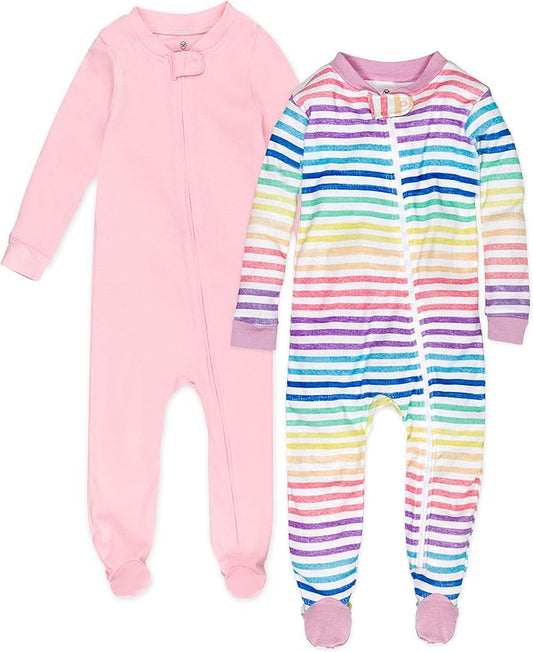 HonestBaby 2-Pack Non-Slip Footed Pajamas One-Piece Sleeper Jumpsuit Zip-Front Pjs 100% Organic Cotton for Baby Girls