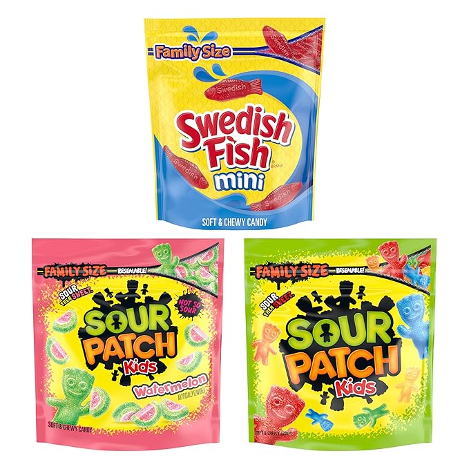 SOUR PATCH KIDS Original, SOUR PATCH KIDS Watermelon, and SWEDISH FISH Mini Soft & Chewy Candy Variety Pack, Family Size, Bulk Candy, 3-1.8 lb Bags
