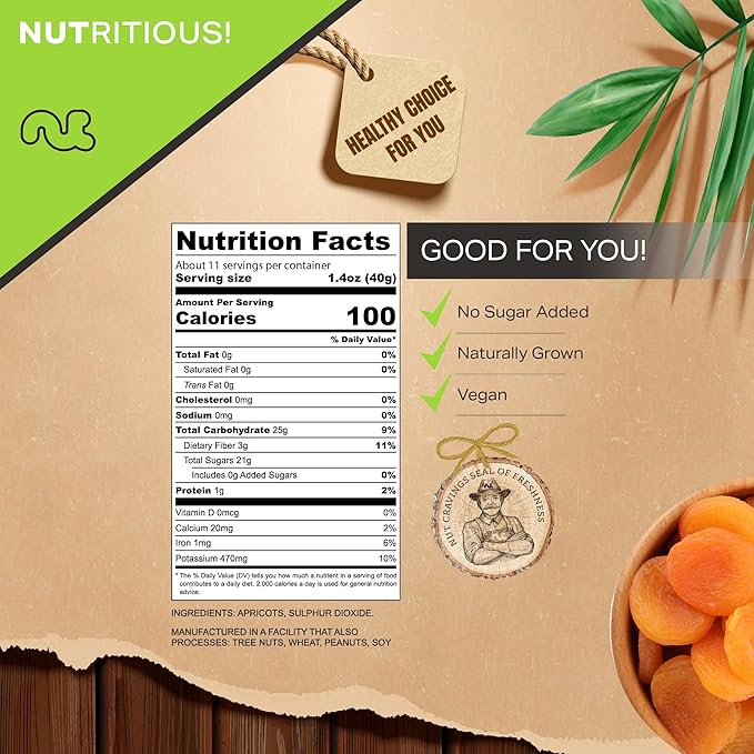 NUT CRAVINGS - Sun Dried Turkish Apricots, No Sugar Added (16oz, 1 LB) Bulk Dry Fruits Packed Fresh in Resealable Bag - Sweet Healthy Snack, Naturally Grown, Vegan, Kosher