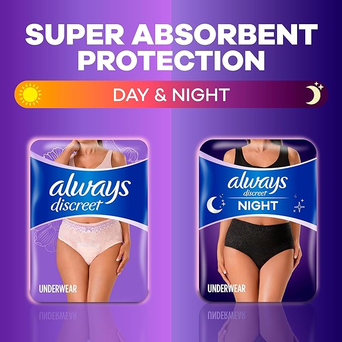 Always Discreet Adult Incontinence Overnight Underwear for Women, Small/Medium, Up to 100% Bladder Leak Protection, 48 Count (3 Packs of 16)