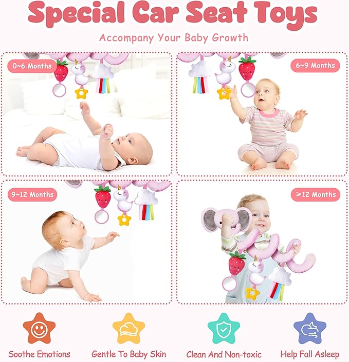 Spiral Car Seat Toys for Baby Girls 0-6 Months, Perfect Newborn Gifts for Girls Essentials, Cute Pink Elephant Strawberry Hanging Plush Items