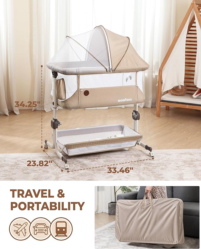 Baby Bassinet Bedside Sleeper, Upgraded Stability Bedside Crib with Full Mesh Sides, Soft Sheet, 6-Height Adjustment, Storage Basket, Easy Folding Portable Bassinet for Newborns,Camel
