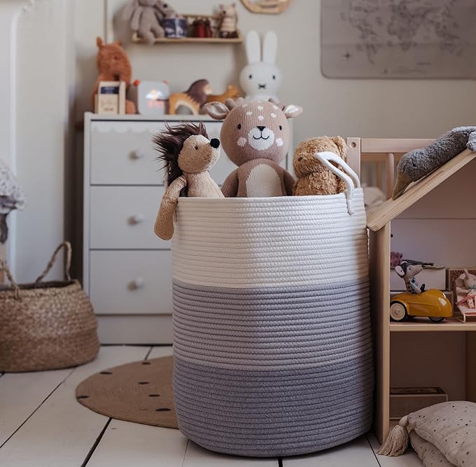 OrganiHaus Gray Nursery Laundry Basket 15x18, Farmhouse Hamper Basket, Extra Large Storage Basket, Blanket Basket for Living Room, Baby Laundry Hamper, Toy Basket for Kids