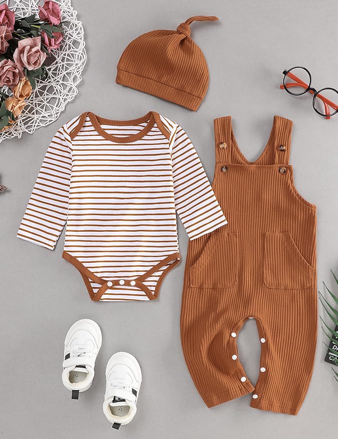 oklady Baby Boy Clothes Stripe Pattern Print Romper Top and Baby Overalls with Hat 0-18 Months Baby Boy Outfits