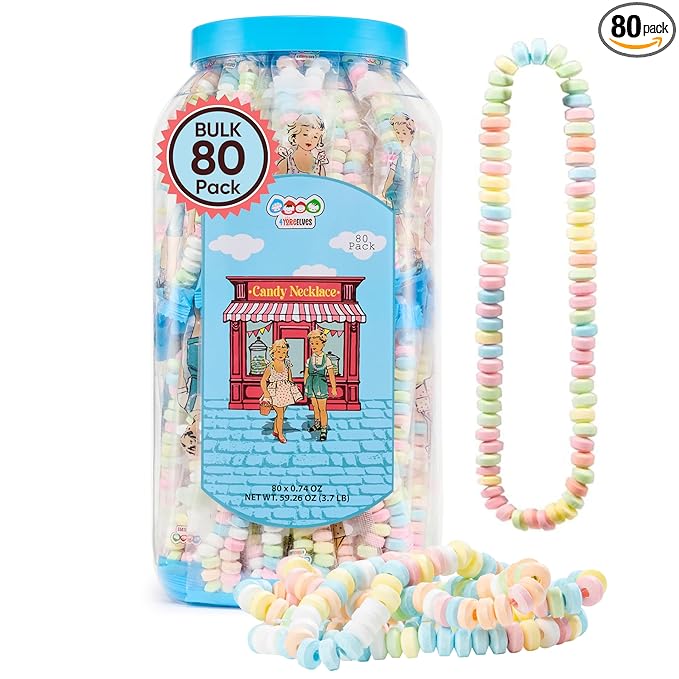 80 Candy Necklaces Individually Wrapped, Choker Style, Nostalgic Pastel Candy Jewelry Perfect for Party Favors, Pinata Fillers and Goodie Bags, Packed in a Convenient Display Tub, By 4YoreElves