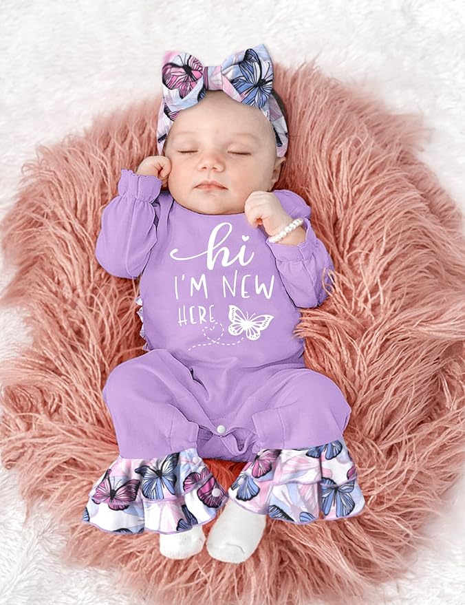 AGAPENG Newborn Girl Clothes Ruffle Letter Print Romper Infant Bell Bottom Jumpsuit Boho Baby Girl Clothes with Headband Hat